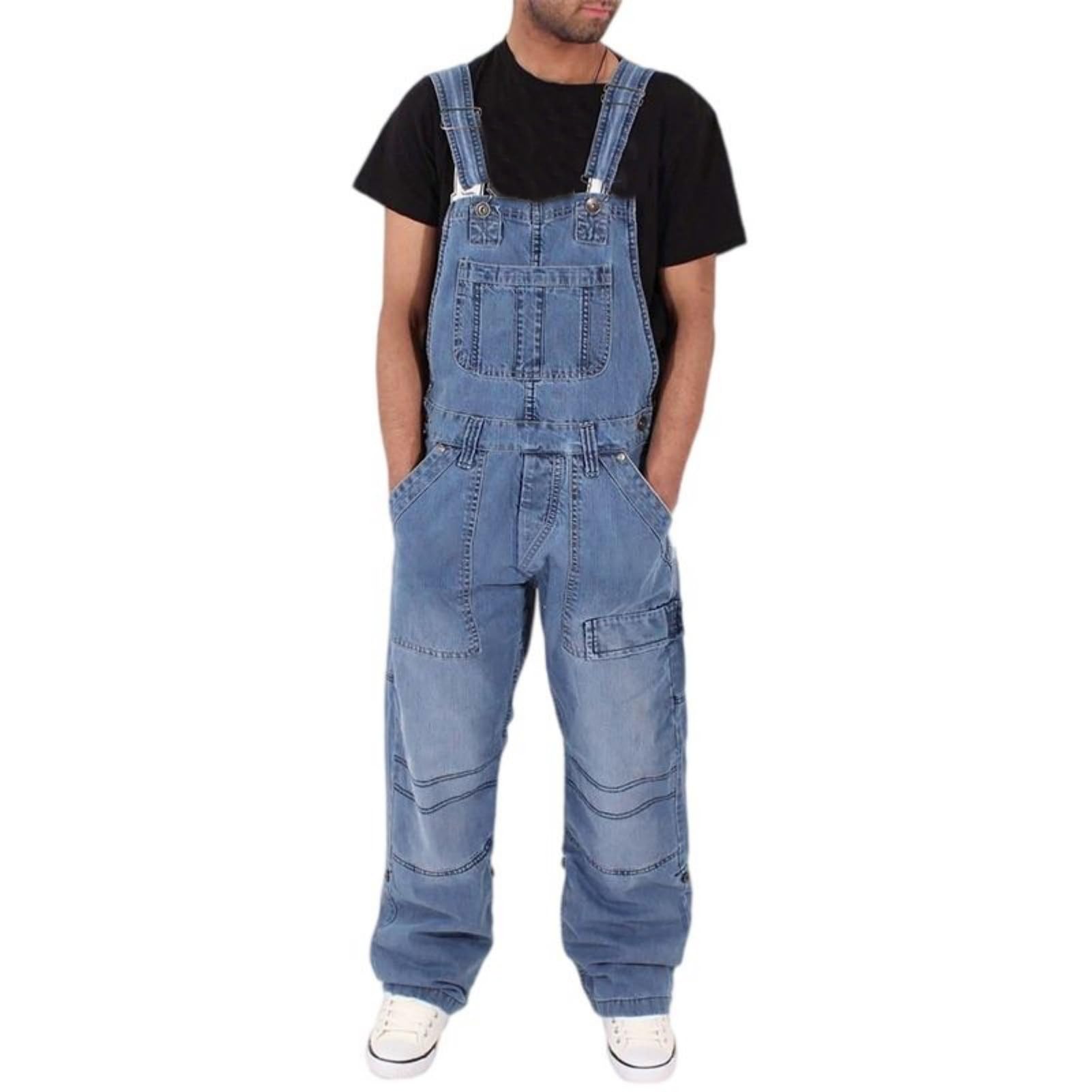 Peto de mezclilla minimalista para hombre, con múltiples bolsillos, holgado, cargo con cremallera, para ropa urbana, azul claro, XL