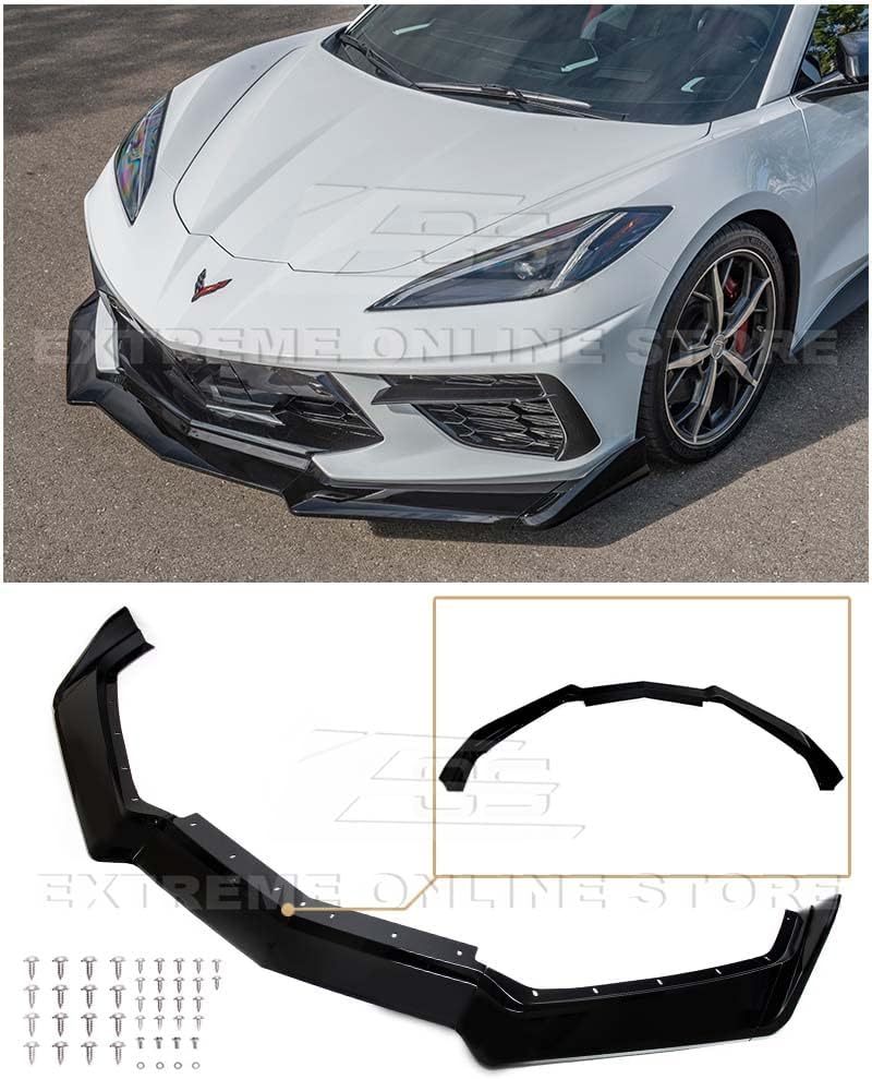 Replacement For 2020-Present Chevrolet Corvette C8 | ZR1 Stage 2 Style 5-Pieces Front Bumper Lower Lip Splitter (ABS Plastic - Painted Glossy Black)