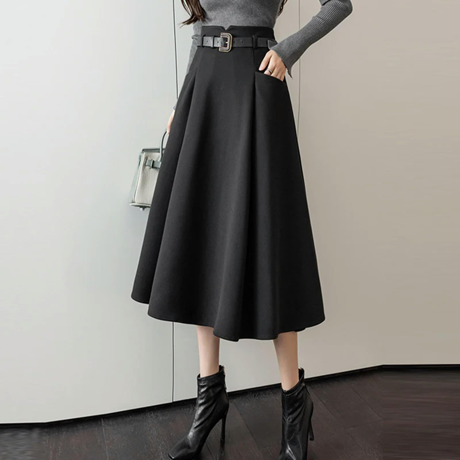 Gonna Lunga Donna caffè Elegante Moda Inverno Caldo Gonna per Donna Alta Vita Casual Grande Oscillazione Gonna di Mezza Lunghezza con Cintura-caffè-l
