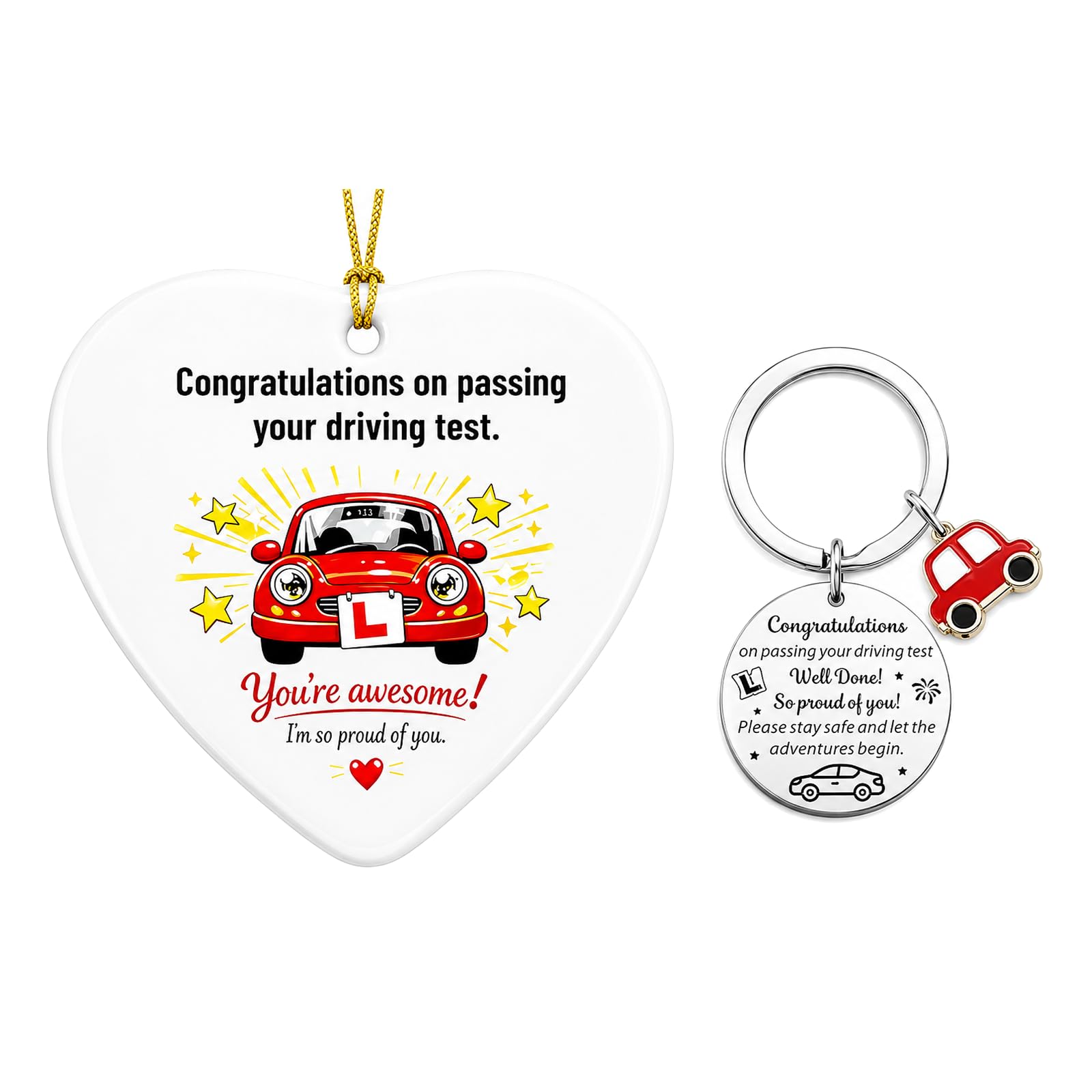Muiltvoe 3 Pcs Passed Driving Test Gifts Set, with Heart Ceramic Hanging Plaque, Keyring and Gift Box, Learner Driver Keepsake, Congratulations Girls Boys New Driver Gifts