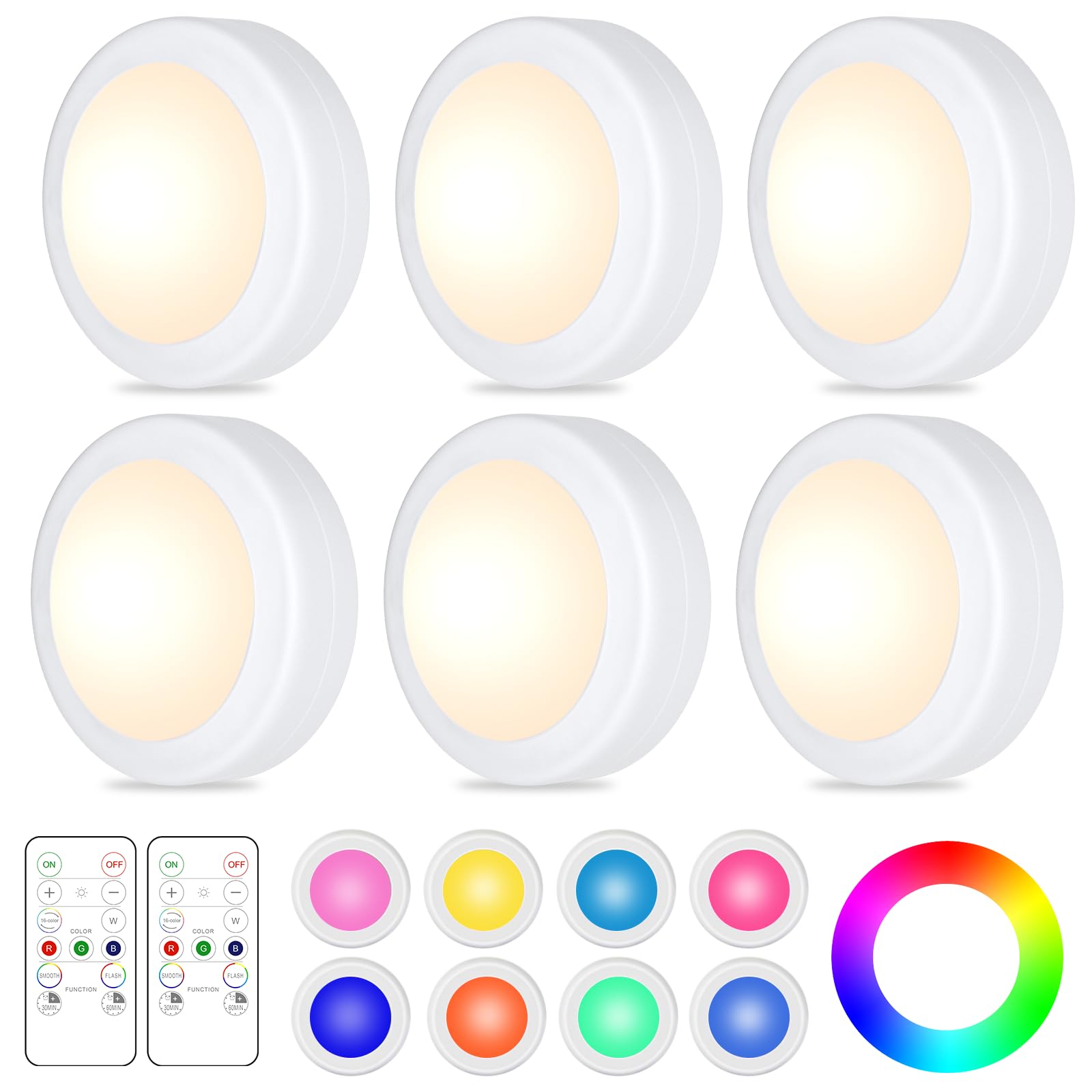 Yiliaw 6 Pack LED Puck Lights Remote Control 16 Color Changeable Under Cabinet Lights, Battery Operated Lights Night Light with Dimmer & Timmer for
