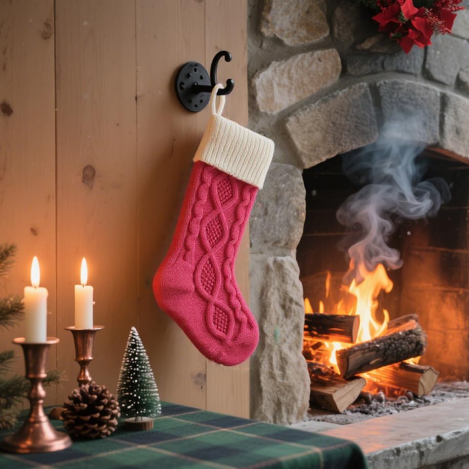 Cable Knit Christmas Stocking with White Cuff, Large Elegant Knitted Holiday Fireplace Decoration and Festive Gift (Hot Pink) - Image 6
