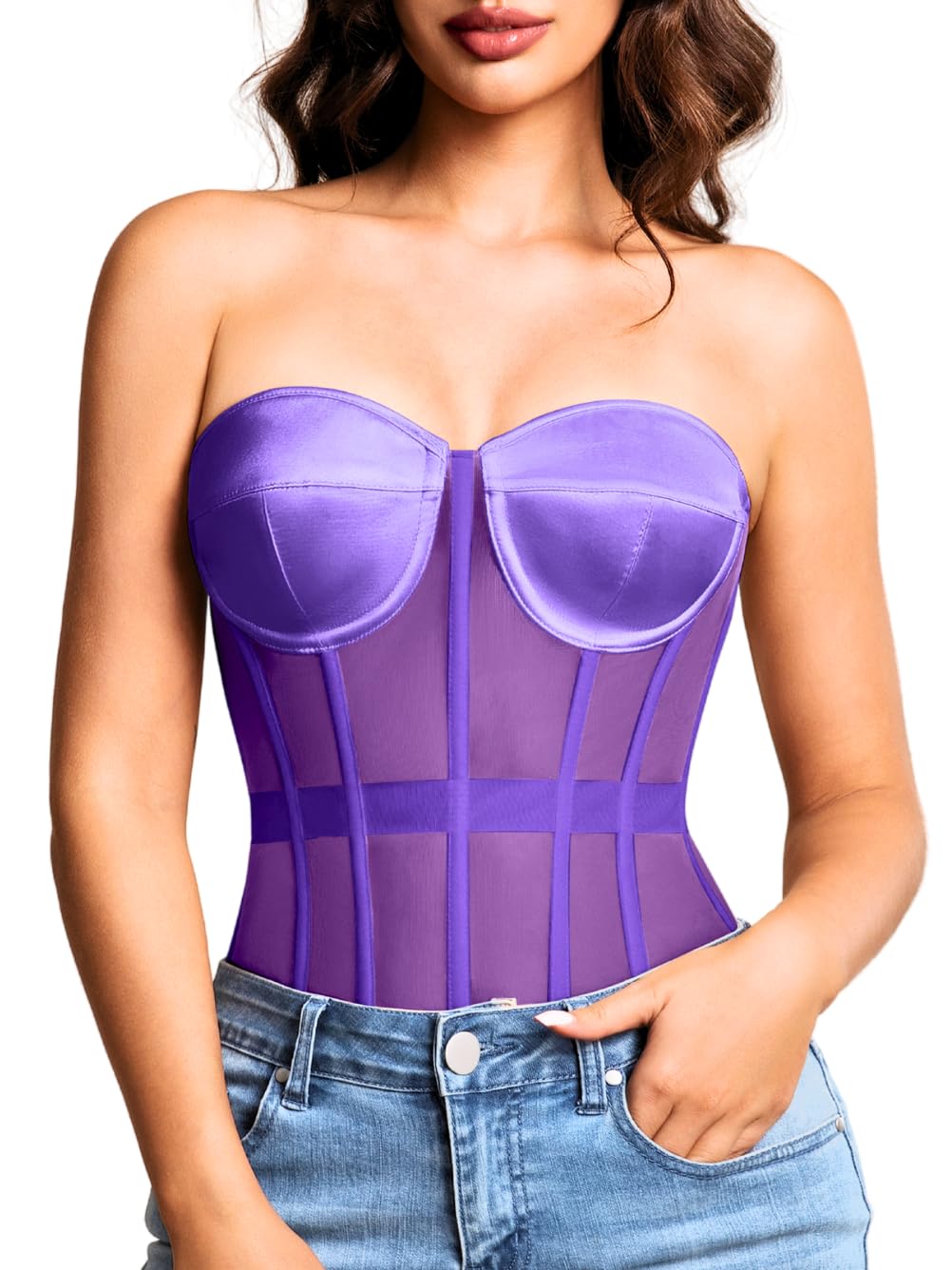 Kaei&amp;Shi Women's Strapless Mesh Corset Top, Padded Lace-Up Bustier
