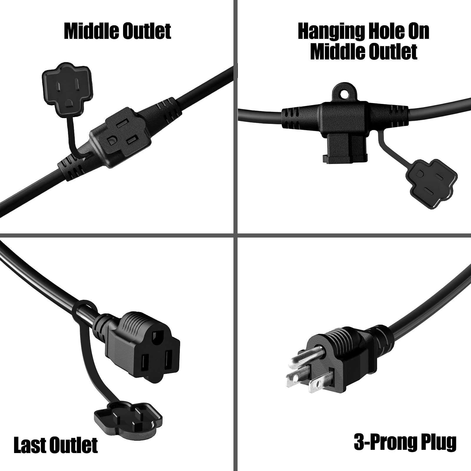 16AWG/3C - Cavo di prolunga nero per esterni con prese multiple (50 piedi e 6 uscite) distanziato uniformemente con copertura resistente alle intemperie, ideale per decorazioni natalizie e cortili