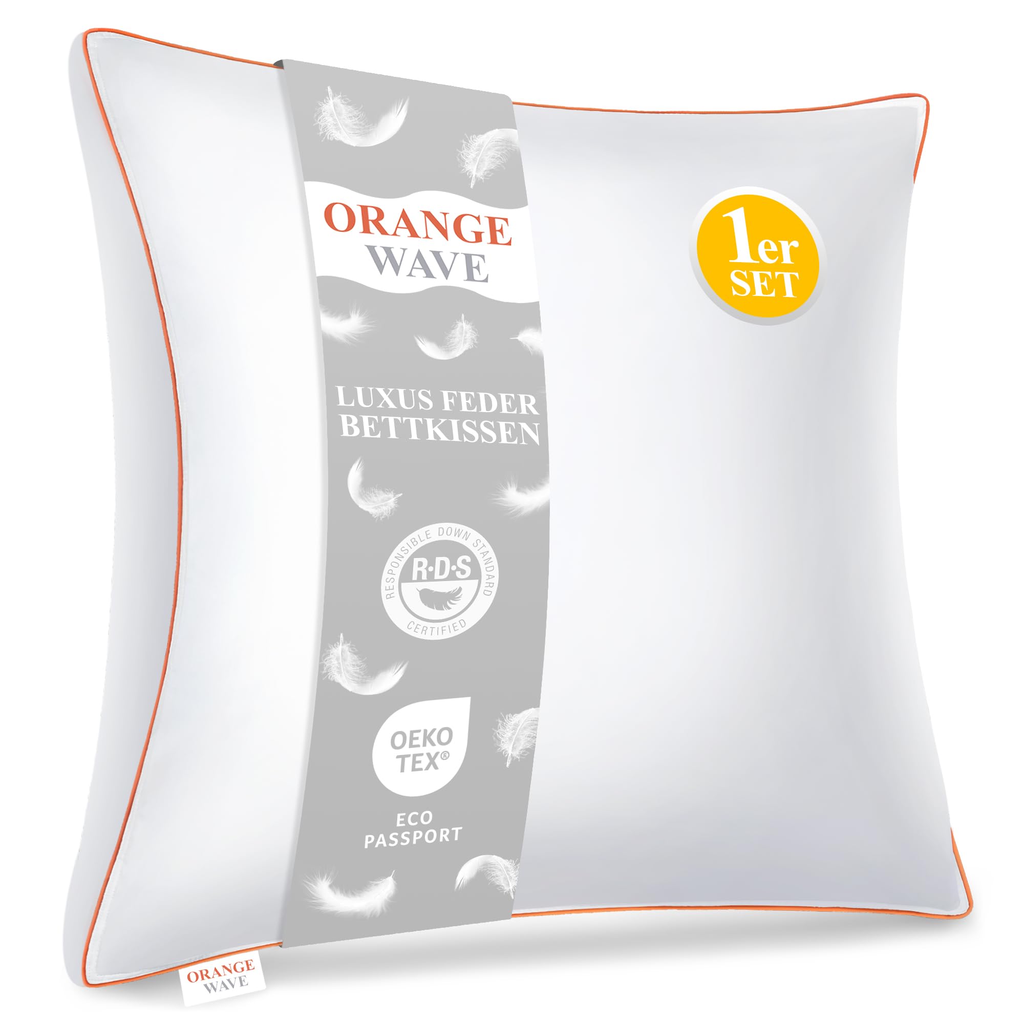 Orange Wave Daunenkissen 80x80cm Federkissen - Kopfkissen 80x80 1er Kissen Daunen und Federn Schlafkissen, RDS und Oeko-TEX Seitenschläferkissen für Maximale Unterstützung und Luxuriösen Schlafkomfort