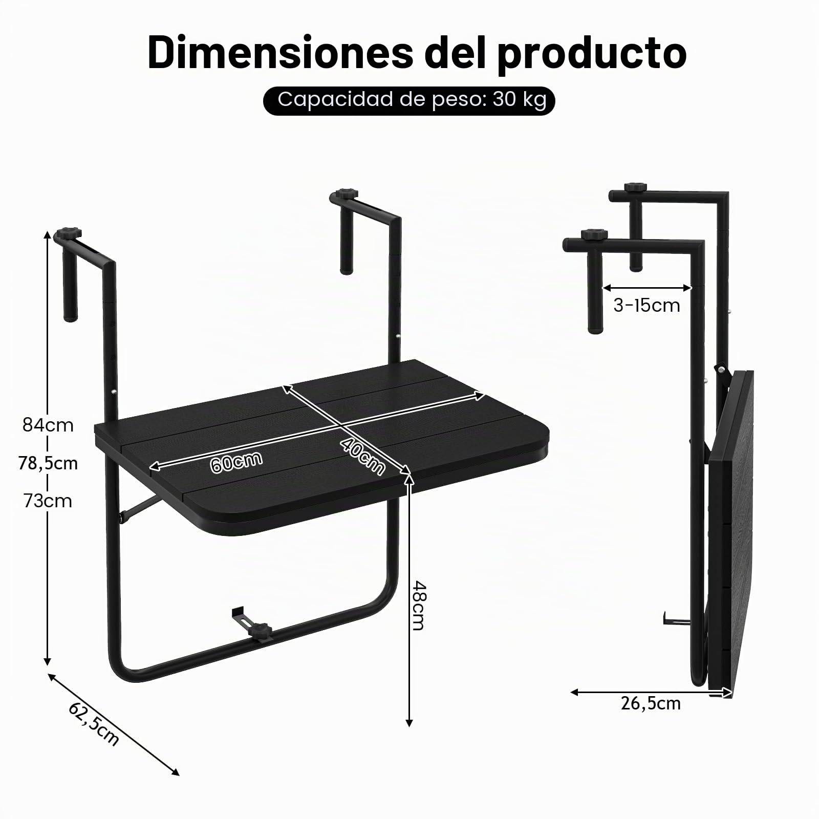 KOMFOTTEU Mesa de Balcón Plegable, Mesa Colgante de Terreza con Altura Ajustable en 3 Niveles, Mesa de Pared con Carga 30 kg, Mese Auxiliar para Exterior, 60 × 62,5 × 84 cm (Negro)