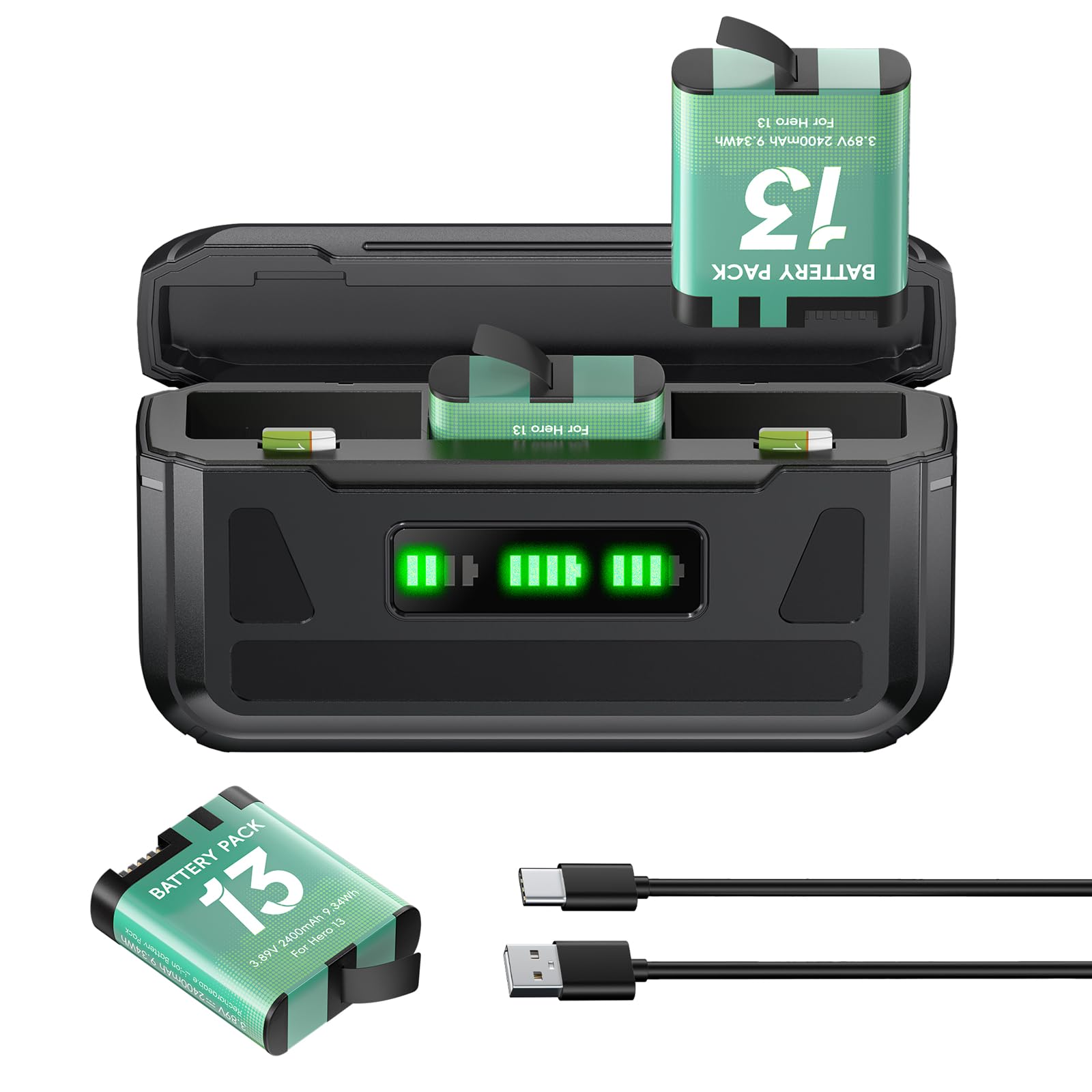 CITYORK 3-Slot Chargeur et 3 Batteries de Rechange 2400 mAh compatibles avec la GoPro Hero 13, kit de Chargeur et Accessoires pour GoPro Hero 13 avec écran LCD et câble USB