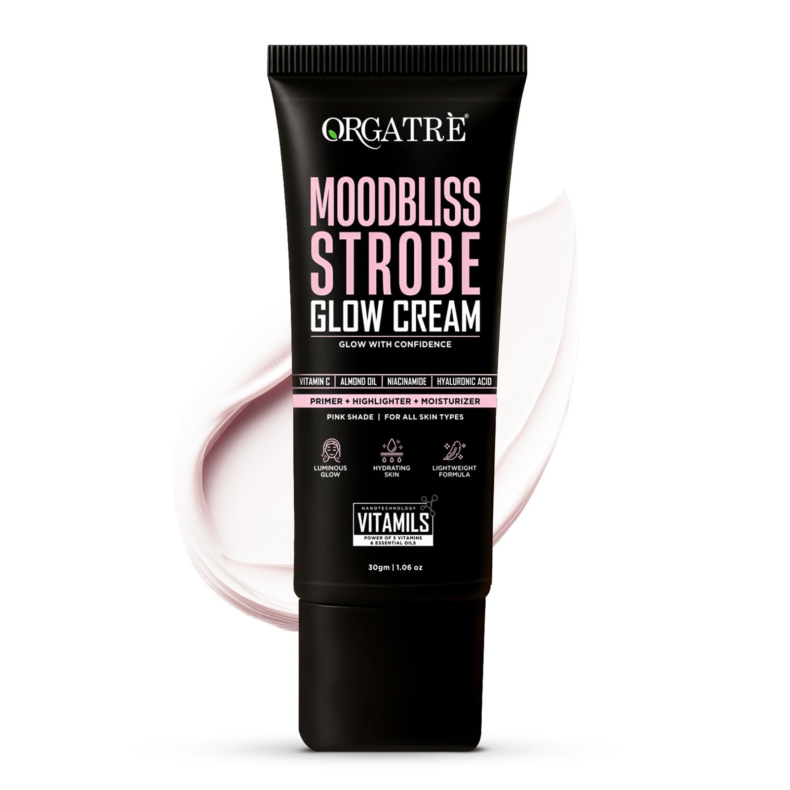 Orgatre Strobe Glow Cream for Instant Face Radiance | Primer Highlighter Moisturizer with Vitamin C, Almond Oil, Niacinamide & Hyaluronic Acid | Makeup Base for Oily Acne-Prone Skin | Pink Shade | 30g