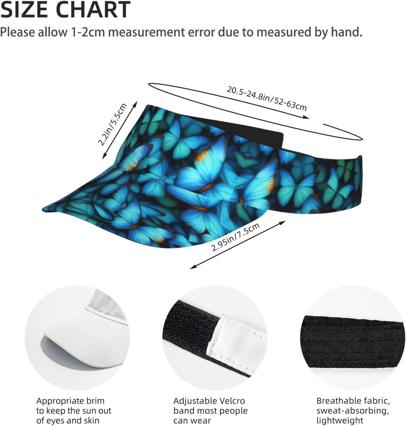 Many Blue Butterfly Print Sun Visor Hats for Women Men Adjustable Sports Golf Running Sun Caps