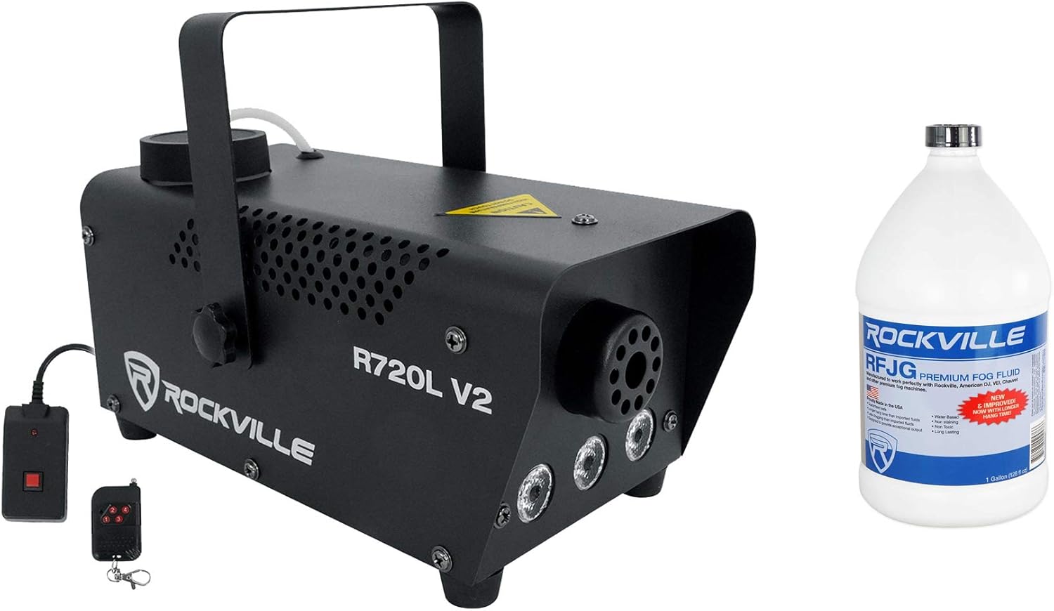 Rockville R720L Bundle: Fog/Smoke Machine with Wireless Remote w Built-in Multi-Color RGB LED Lights, Quick Heatup 3000 CFM Output, RFJG 1-Gallon Non-Toxic Long-Lasting Water-Based Fog Fluid, 2-Items