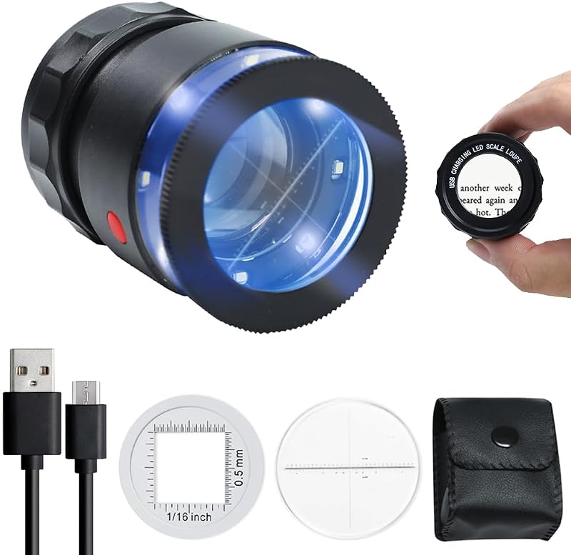 30X Loupe Magnifier, Jewelry Loupe Magnifier with LED Light and Scale, USB Rechargeable Adjustable Focal Length 30X Magnifying Glass for Gems, Coins, Stamps