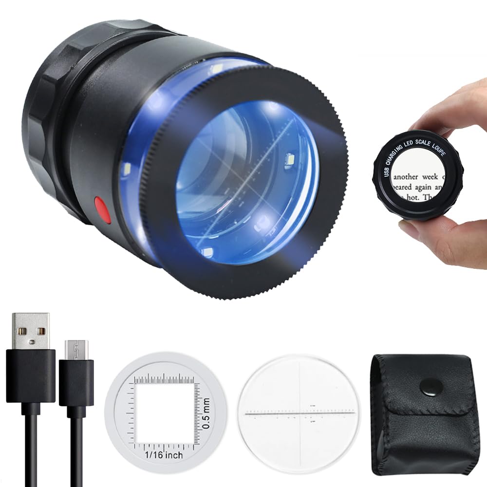 AOOFCMLLC 30X Loupe Magnifier, Jewelry Loupe Magnifier with LED Light and Scale, USB Rechargeable Adjustable Focal Length Magnifier 30X Magnifying Glass for Gems, Coins, Stamps