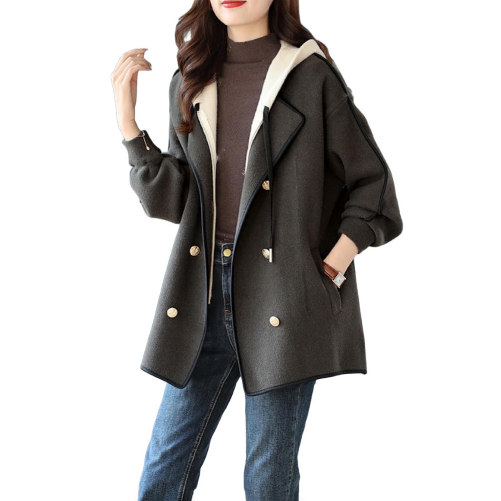 Chaqueta de tweed cómoda con capucha estilo coreano juvenil 5