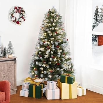 Naomi Home 4.5ft Snow Flocked Spruce Christmas Tree with 200 Warm Lights and Metal Stand
