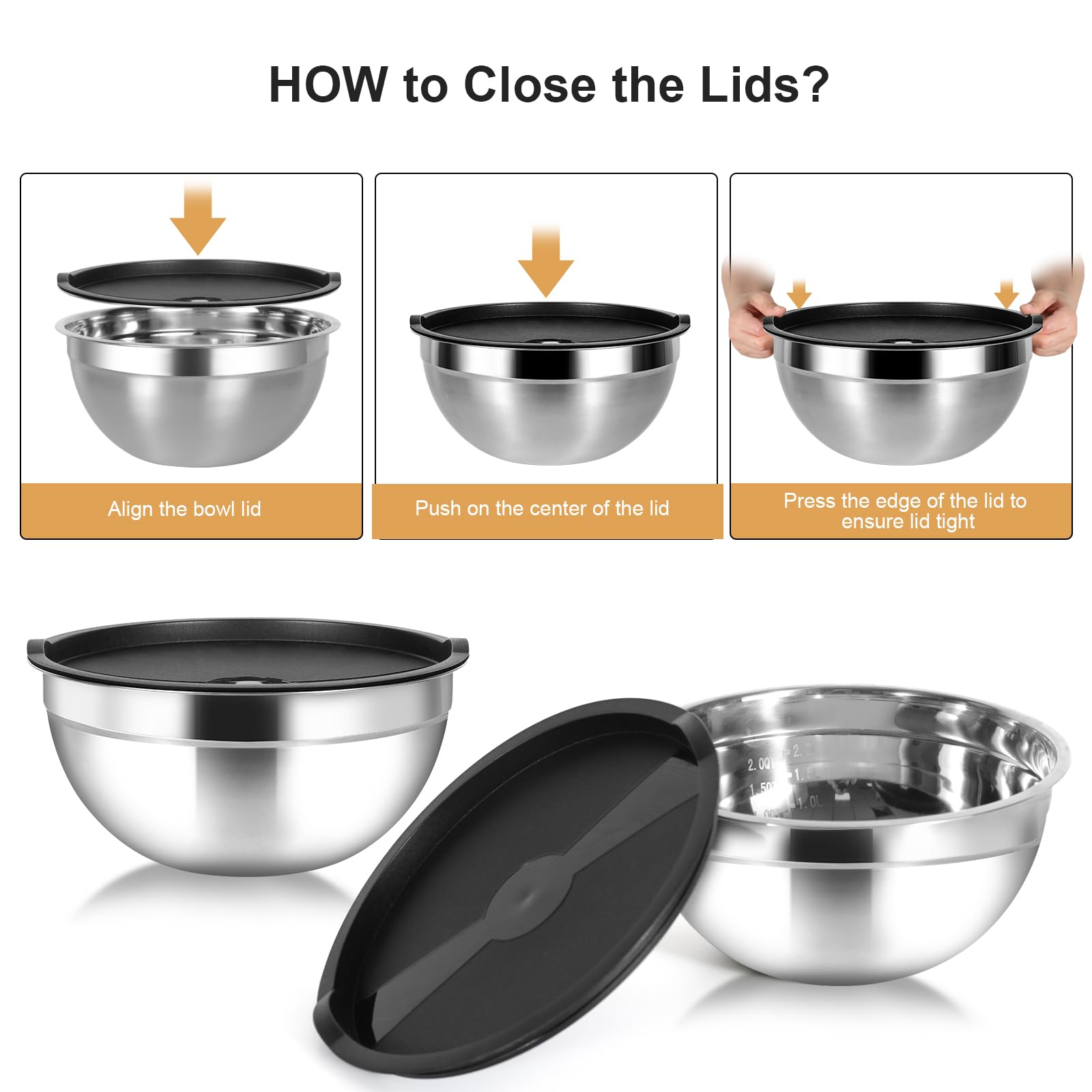 Cinnani 8 Lot de Bol Inox avec Couvercle, Bols mélangeurs, Saladier, Bols de Service, Bol cuisine multifonctionnel