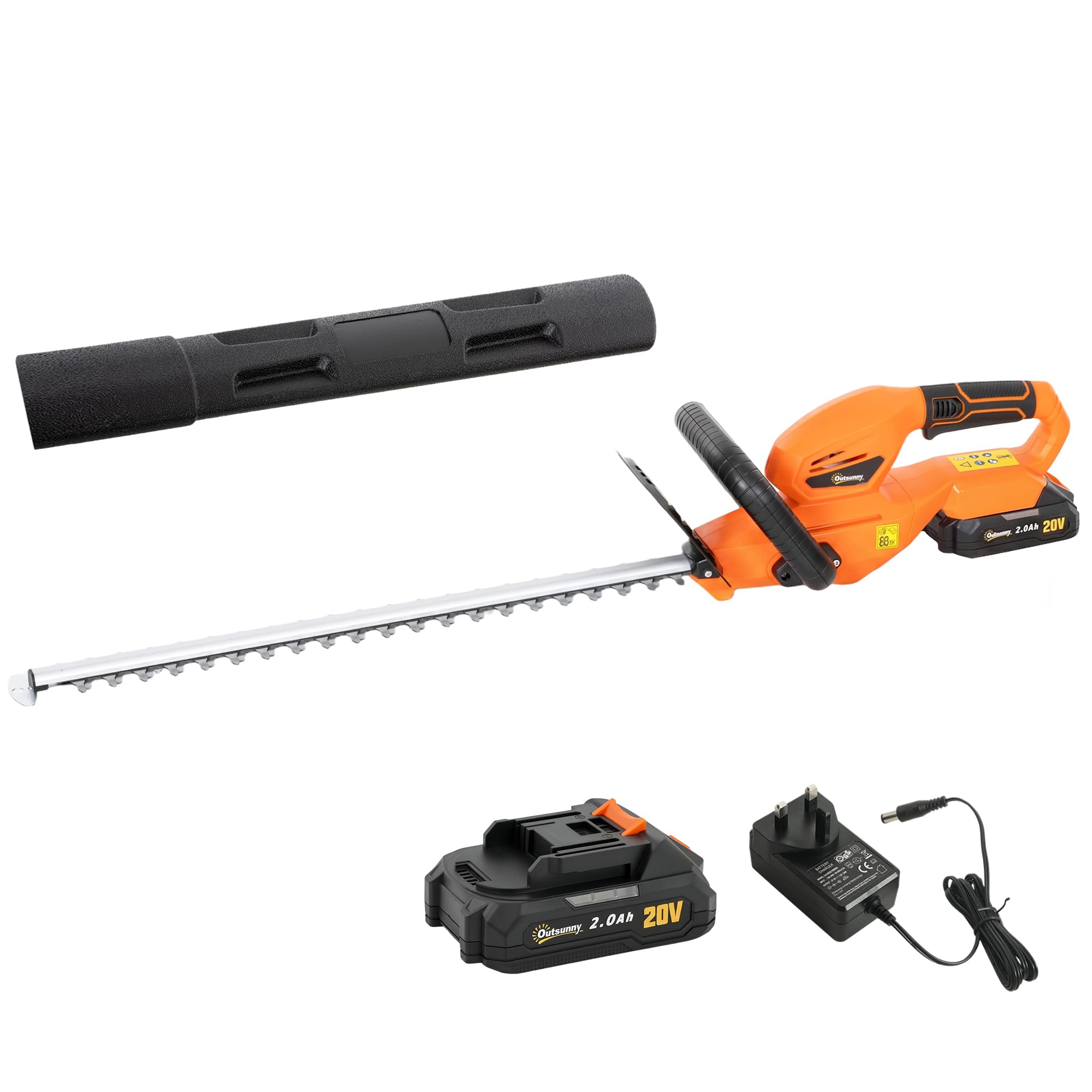Outsunny 20" Cordless Hedge Trimmer, 18V Electric Hedge Cutter with 51cm Dual Action Blade, 2000mAh Battery and Charger, Non-Slip Handle for Garden Branches, Shrubs, Twigs, Orange