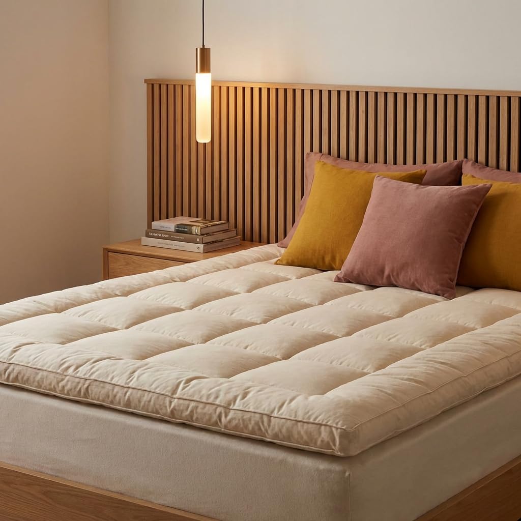 Woolie 100% Merino Wool Mattress Topper for Back Pain Relief Natural Handmade Merino Wool Pad 2 Inches Thick Cooling Breathable with 2 Elastic Straps, Ivory King 78x80 Inches