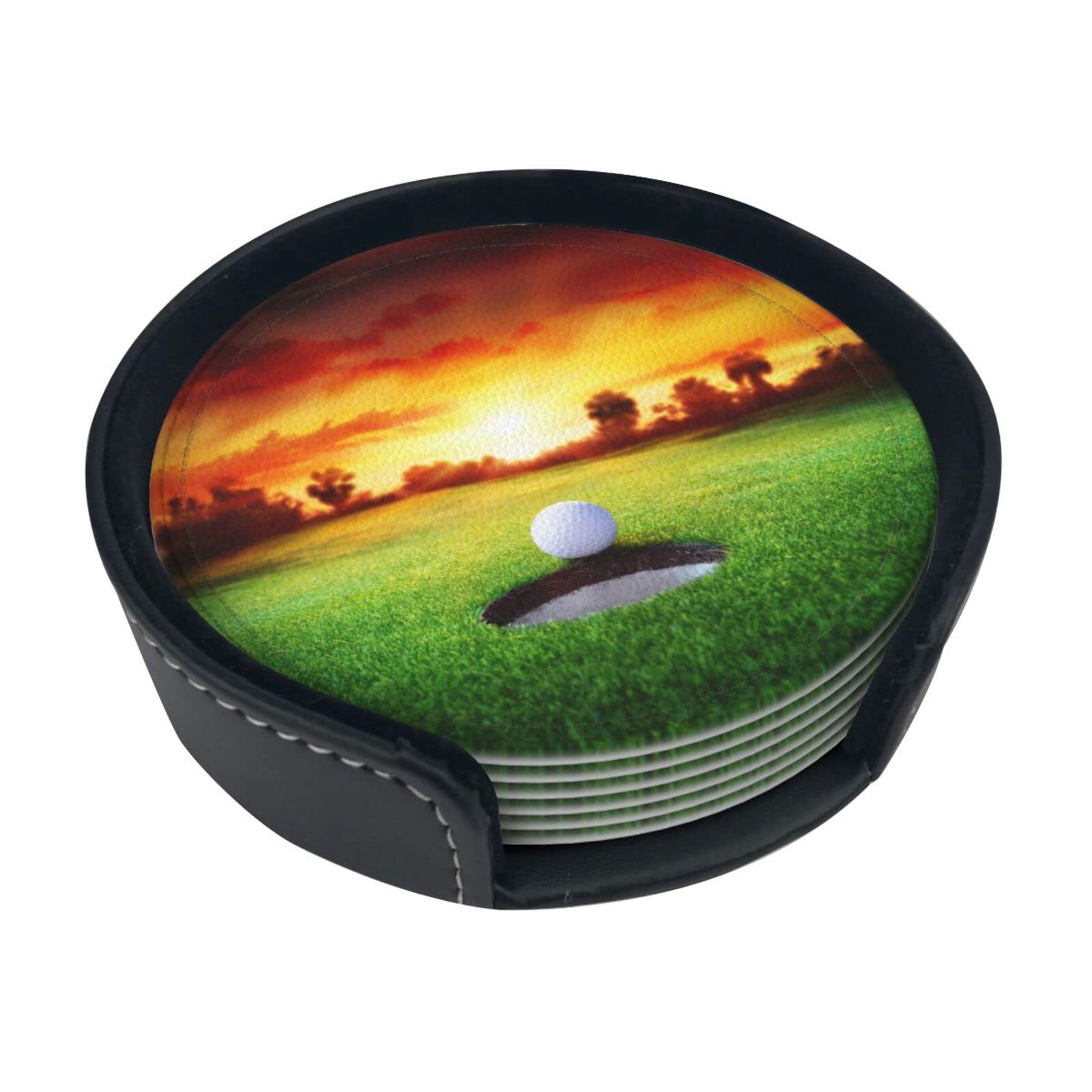 Coasters Set Of 6 Sport Golf Ball Sunset Tree Print Leather Coasters For Drinks,Home Décor And Housewarming Gift