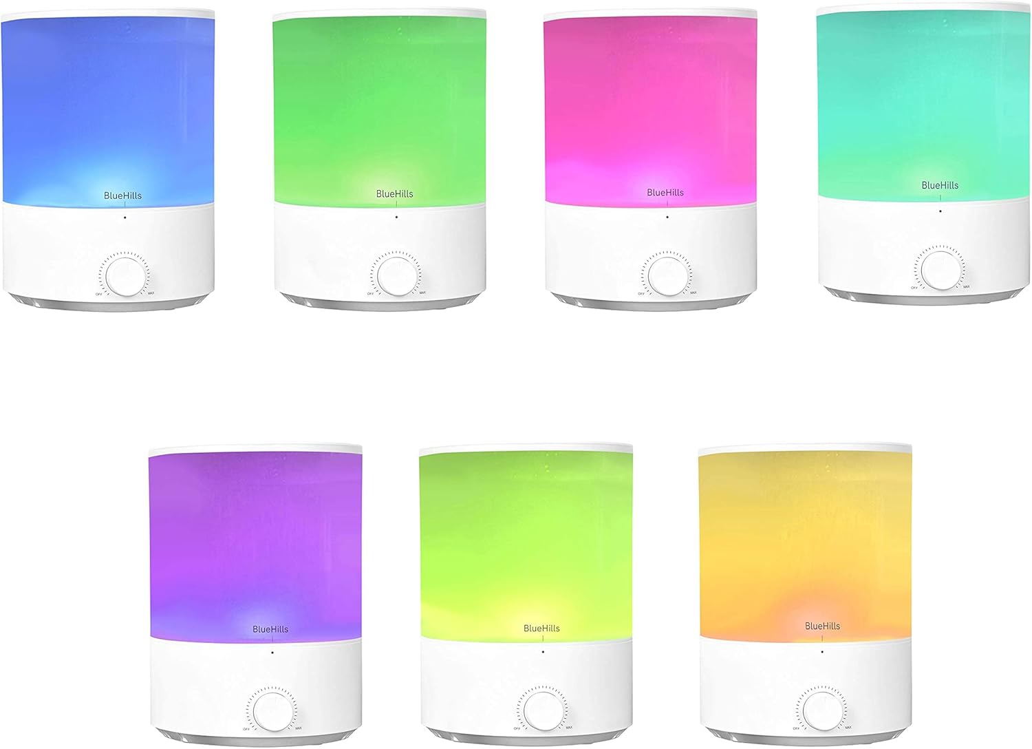 Seven different colored LED lights displayed on the BlueHills diffuser, showing its mood lighting capabilities.