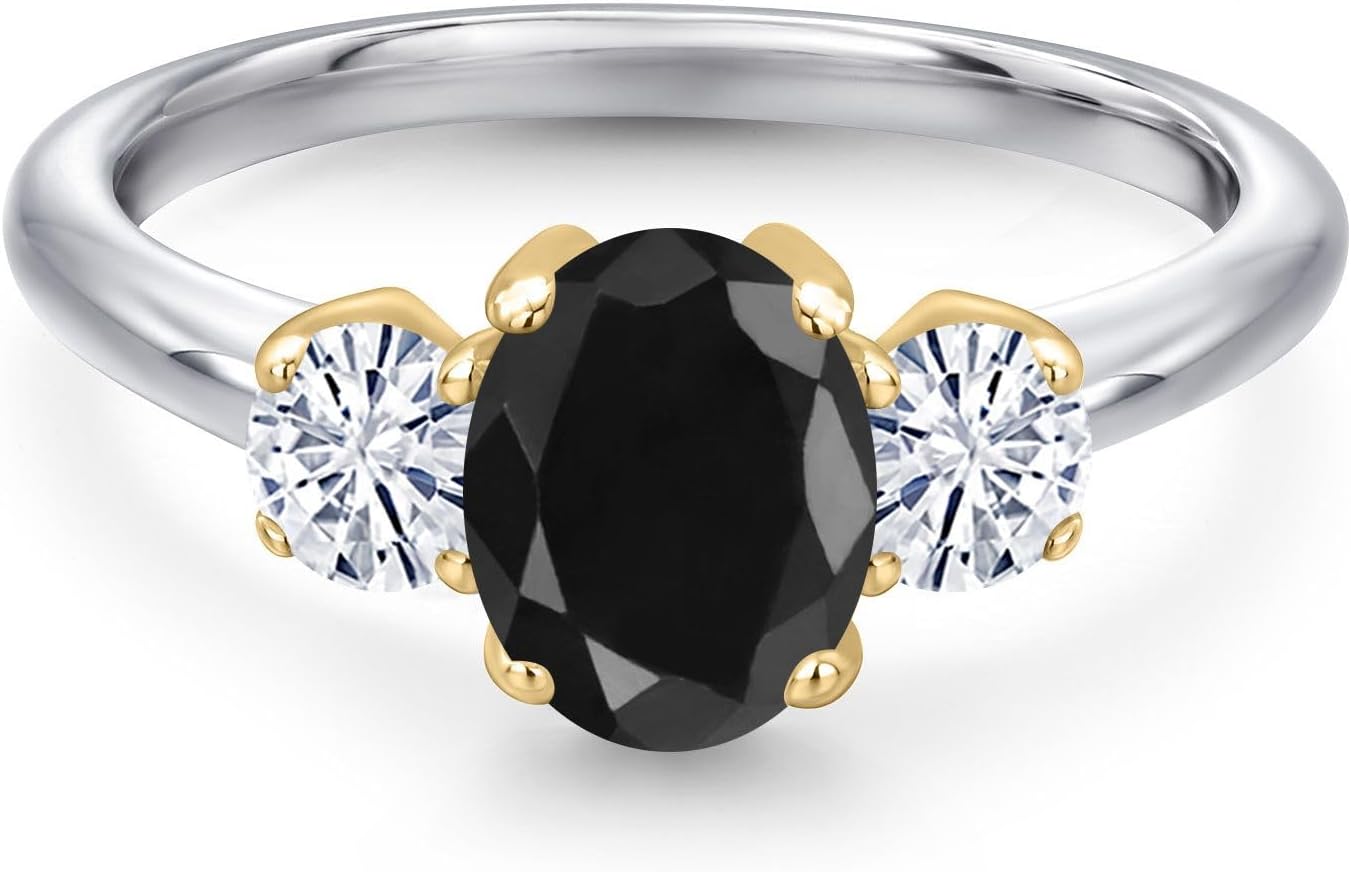 Gem Stone King 925 Silver and 10K Yellow Gold Black Sapphire and White Moissanite Engagement Ring For Women | 2.12 Cttw | Oval 8X6MM | Gemstone September Birthstone - Image 3