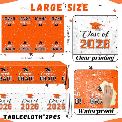 Image of 2026 Graduation Decorations,Congrats Grad Tablecloth 2pcs White Orange Class of 2026 Table Covers Rectangle for Graduation Party Supplies,108x54inch (Orange)
