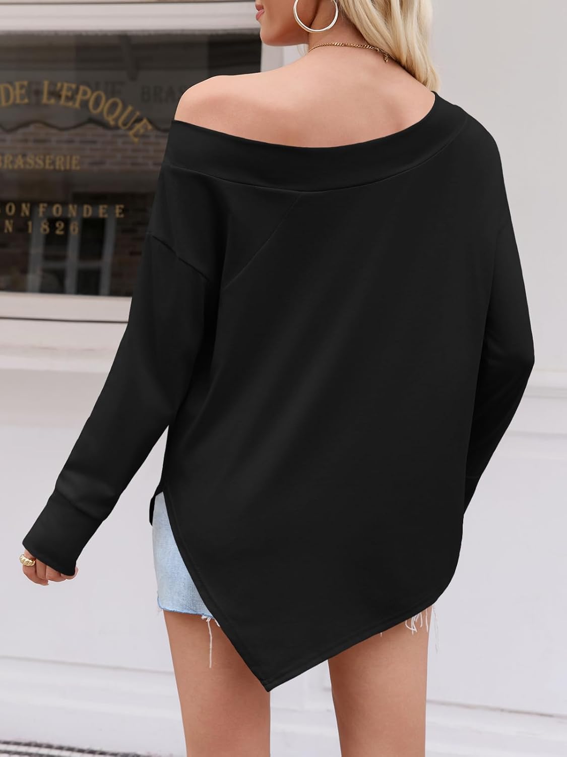 Tankaneo Womens Off The Shoulder Tops Casual Long Sleeve T Shirts Irregular Hem Split Tunics Loose Fall Blouse Shirt - Image 4