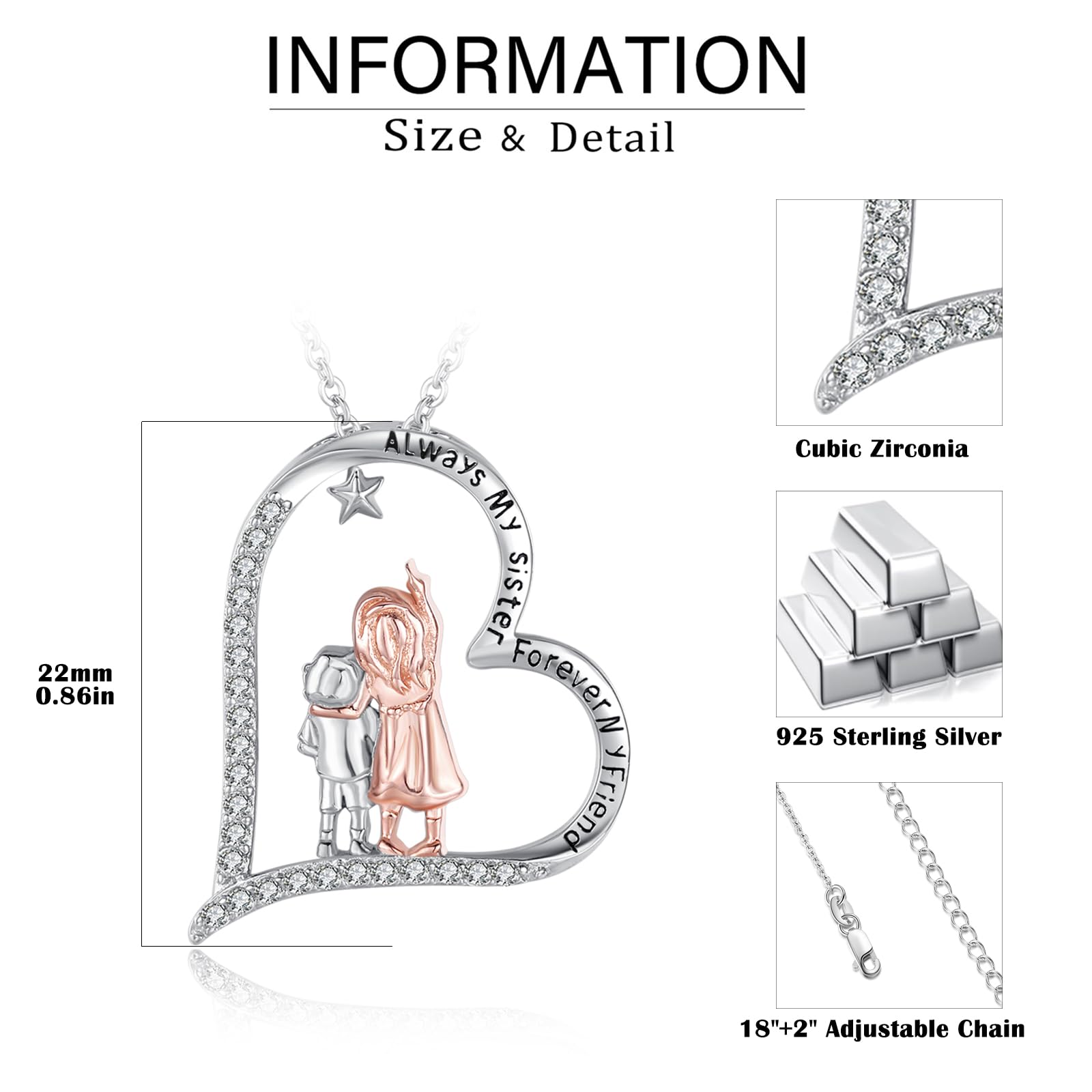 TANGPOET Schwester Halskette 925 Sterling Silber Schwester Anhänger Herz graviert, Schwestern Kette, Geburtstagsgeschenke für Schwestern Sie