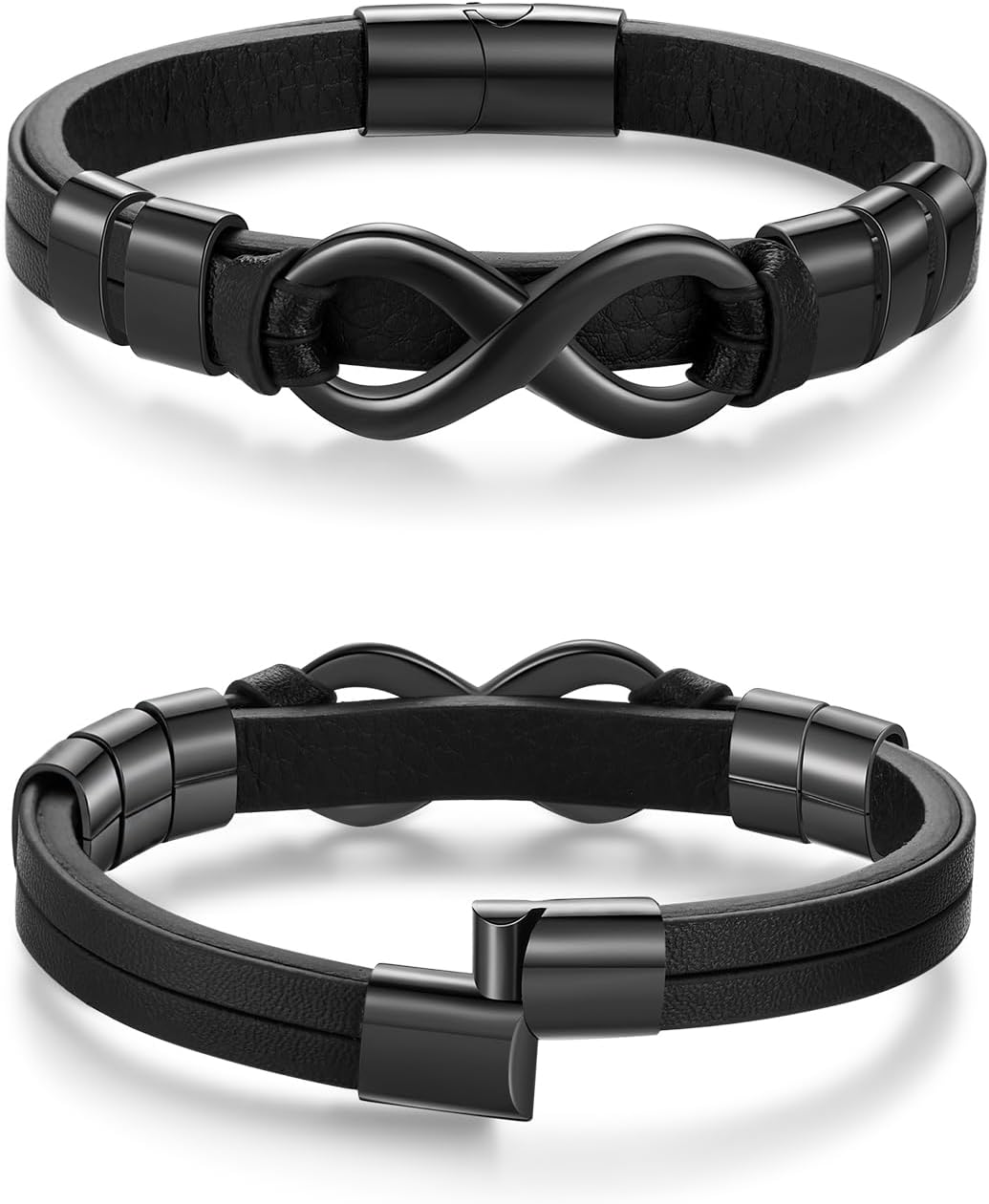 Personalized Leather Infinity Bracelet for Men - Custom Engraved Name Bracelet with 2 Names and Custom Text, Stainless Steel, Black Braided Bracelet, Gift for Dad Husband Boyfriend