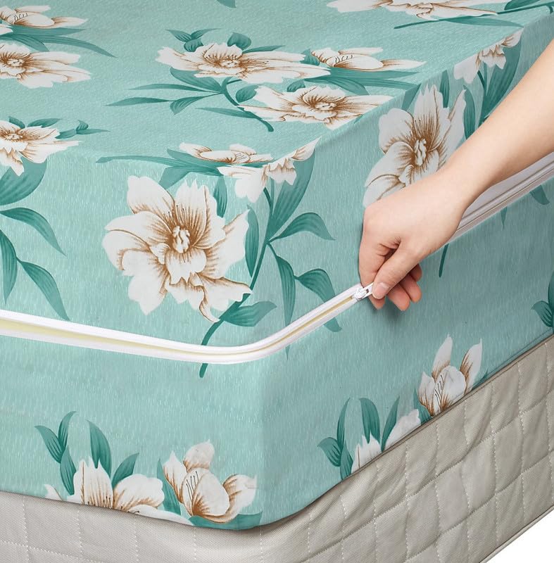 Image of HOMEKART Floral Printed Double Mattress Protector /Cover with Zipper Chain| All Around Protection with 360 Encasing| Breathable & Dustproof, 78x72x6 Inches -Light Green