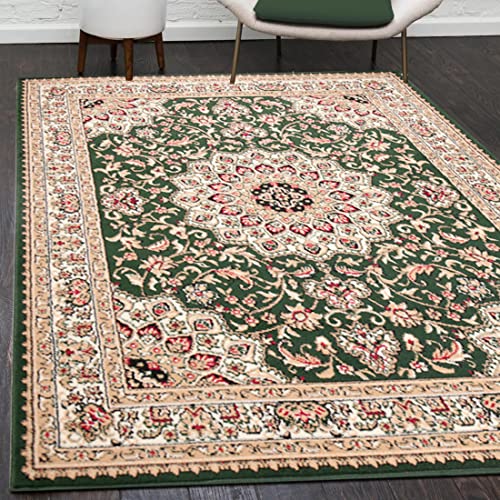 Mazovia Orientalisch Vintage Teppich - Kurzflor - Muster mit Medaillon - Traditioneller Teppich für Wohnzimmer, Esszimmer - ÖKO-TEX Wohnzimmerteppich - Grün 140 x 200 cm Cover