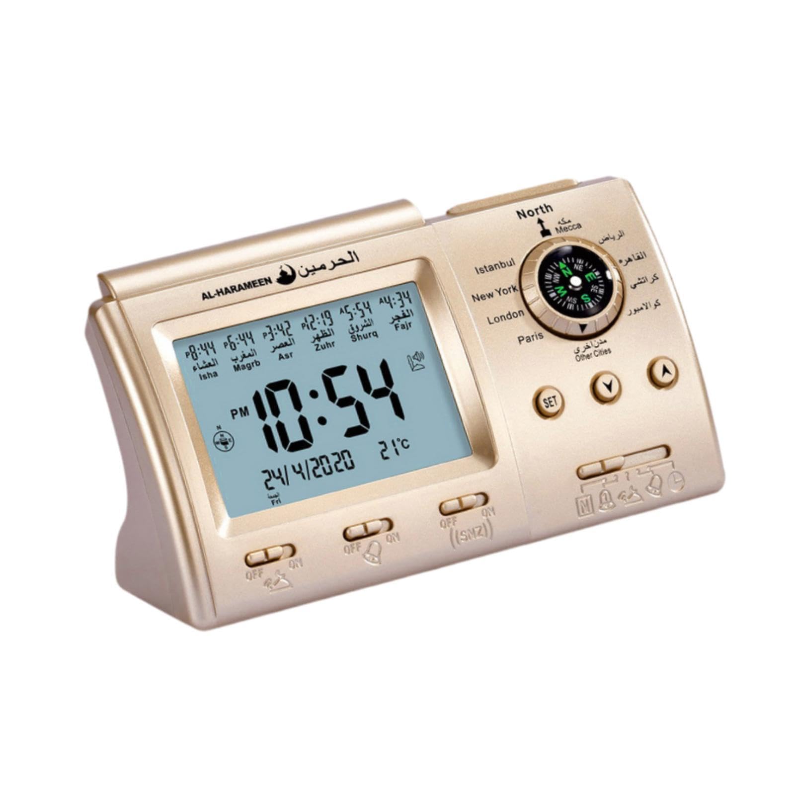 HouseVibe Horloge de prière islamique Azan avec écran LCD numérique multifonction avec direction de la Qibla et montre Athan musulmane calendrier grégorien 15,5 x 9,4 cm - Doré