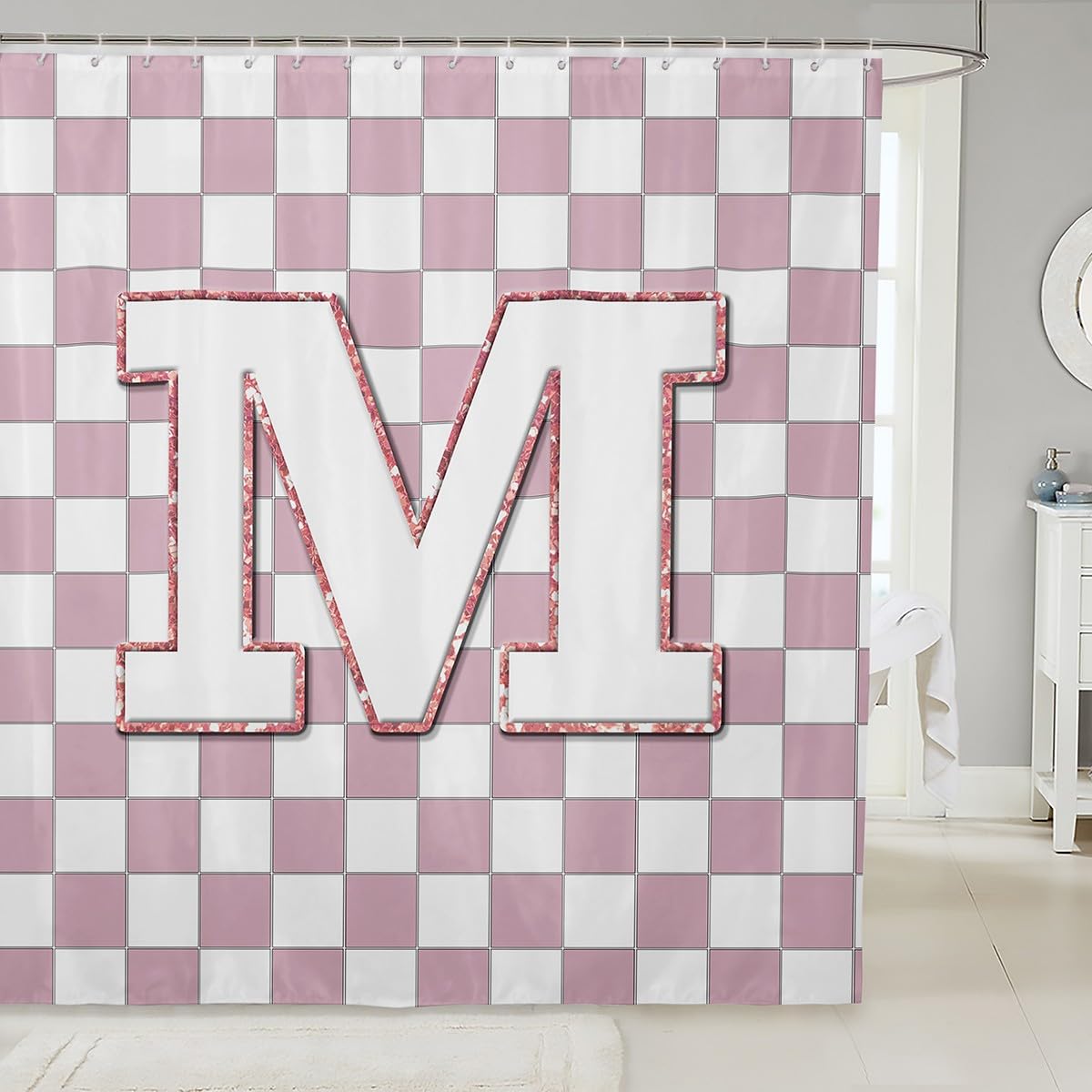Erosebridal Pink Initial M Bathroom Curtain Kawaii Plaid Checkered Shower Curtain 72" Wx78 L Cute Personalized Monogram Bathroom Accessories for Kids Girls,Fashion Grids Gingham Shower Decor