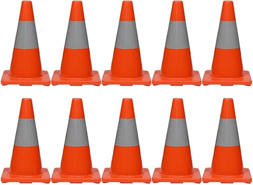 Paquete de 10 conos de seguridad de tráfico de PVC naranja de 18 pulgadas con collar reflectante (10 conos)