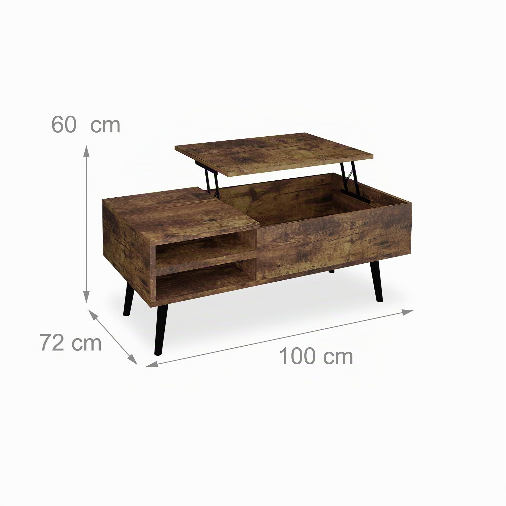 Relaxdays Mesa Centro Elevable, Mesita Sofá con 2 Compartimentos Almacenaje, Estilo Industrial, 46x100x50cm, Marrón