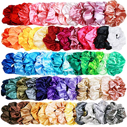 WillingTee 60 Pack Satin Hair Scrunchies Elastic Solid Color Hair Ponytail Holder Hair Scrunchy Vintage Hair Ties Accessories for Women and Ladies