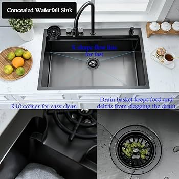 33 Inch Black Waterfall Drop In Kitchen Sink with Fuacet