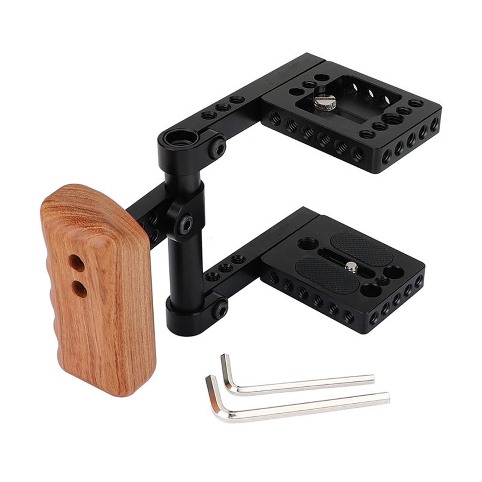 Jaula DSLR con mango de madera y roscas estándar de 1/4 pulgadas que permiten una expansión de accesorios de agarre seguro y sin herramientas, agarre de madera
