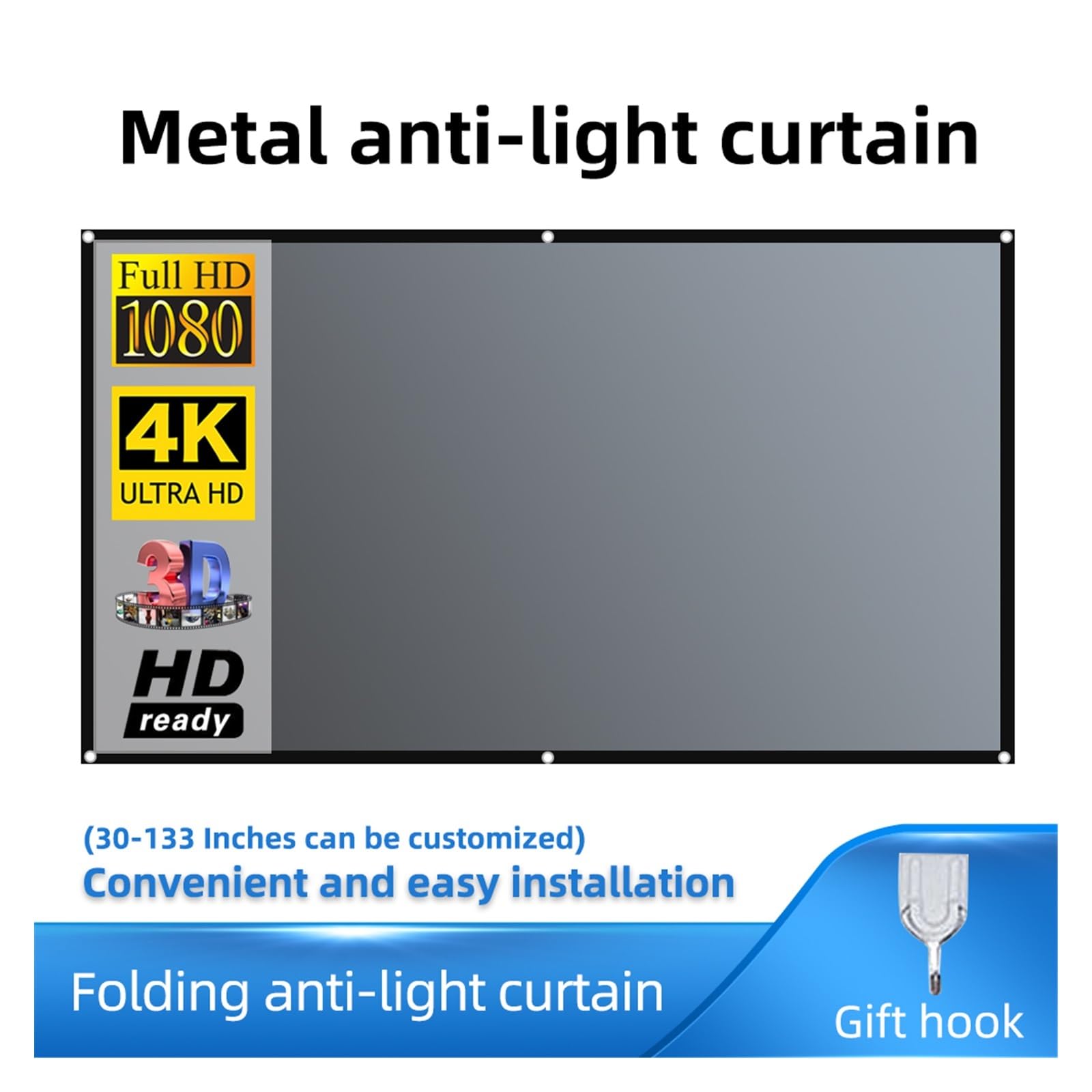 Écran de projection intérieur Projecteur Écran 16:9 Métal Anti Lumière Rideau Tissu Réfléchissant Tissu DLP Projecteur Anti Lumière avec effet visuel HD(40 inch)