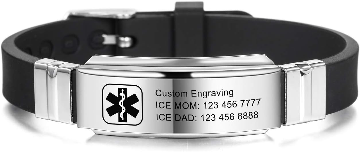 MOWOM Medical Bracelet Custom Engraved Silicone Adjustable Sport Name ID Identification Alert Medical Bracelet for Men Women Stainless Steel Rubber- (Bundle with Emergency Card, Holder)