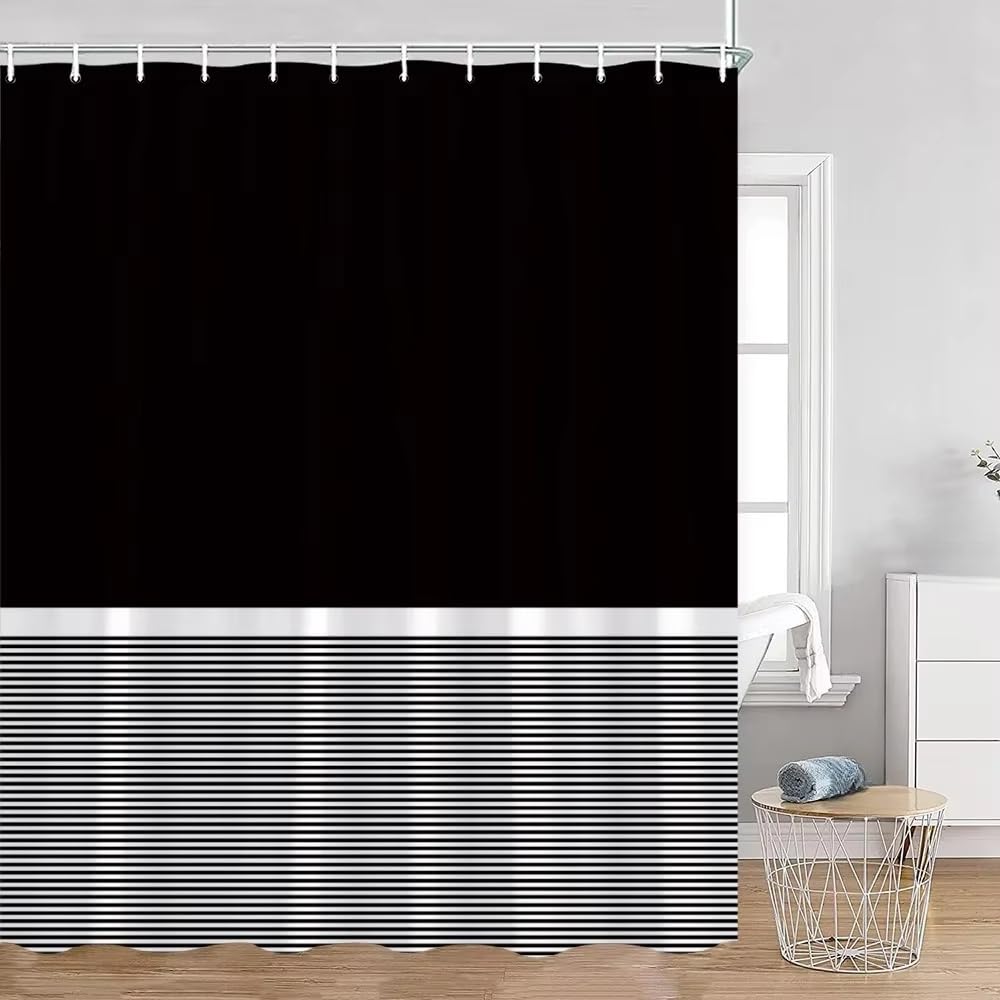 Cortina de Ducha 240x200 Rayas Blancas y Negras,Diseño Clásico de Temática Sencilla,Impermeable,Duradera y Lavable,Ideal para Baño de Niños y Adultos con Ganchos,240Anx200Al cm (1 Panel).