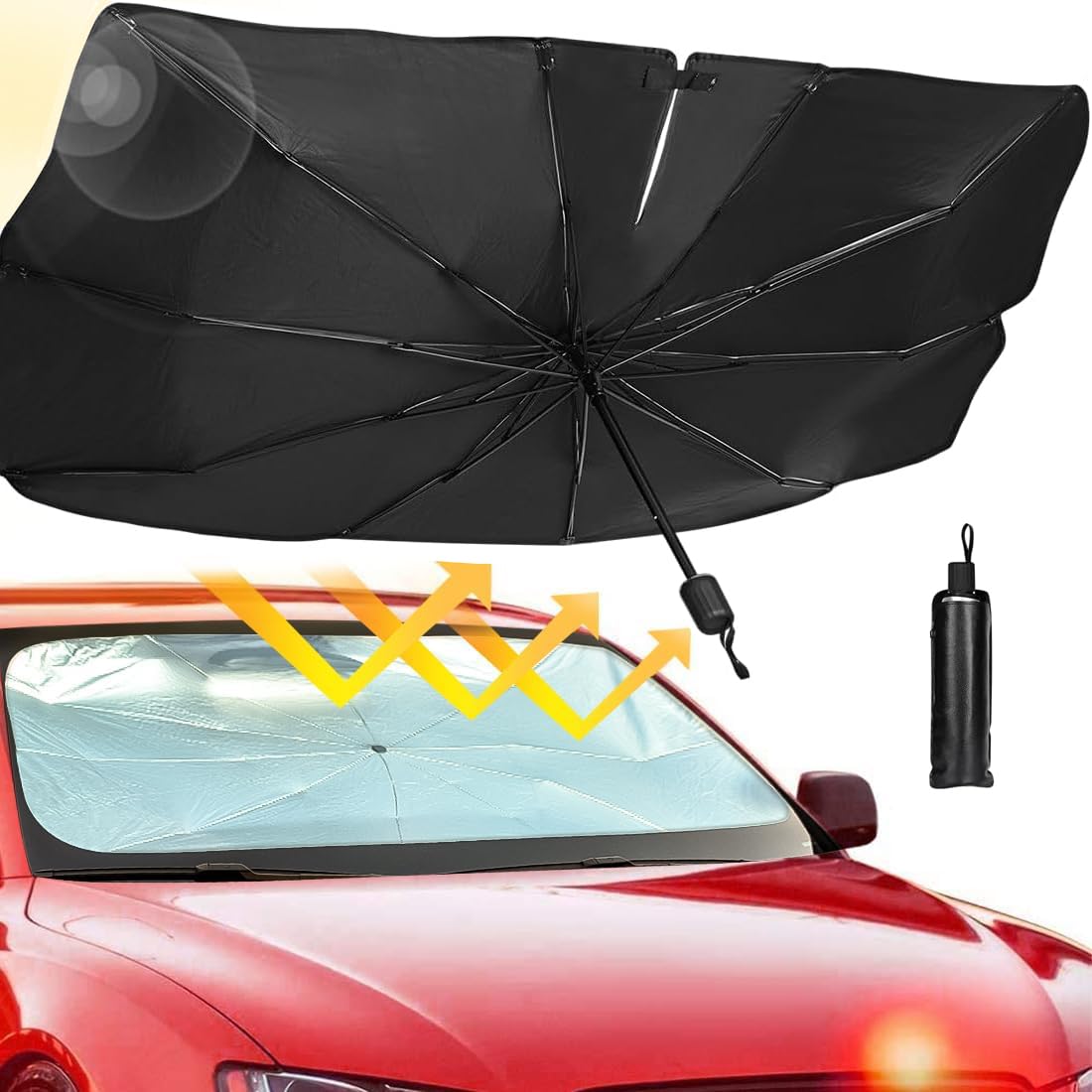 Parasol Coche Delantero, FemKey Paraguas para Parabrisas Sombrilla con Protección UV Plegable para Vehículos 140 x 79 cm