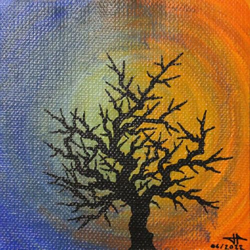 Tableau silhouette d'arbre nuit jour poésie murale carrée