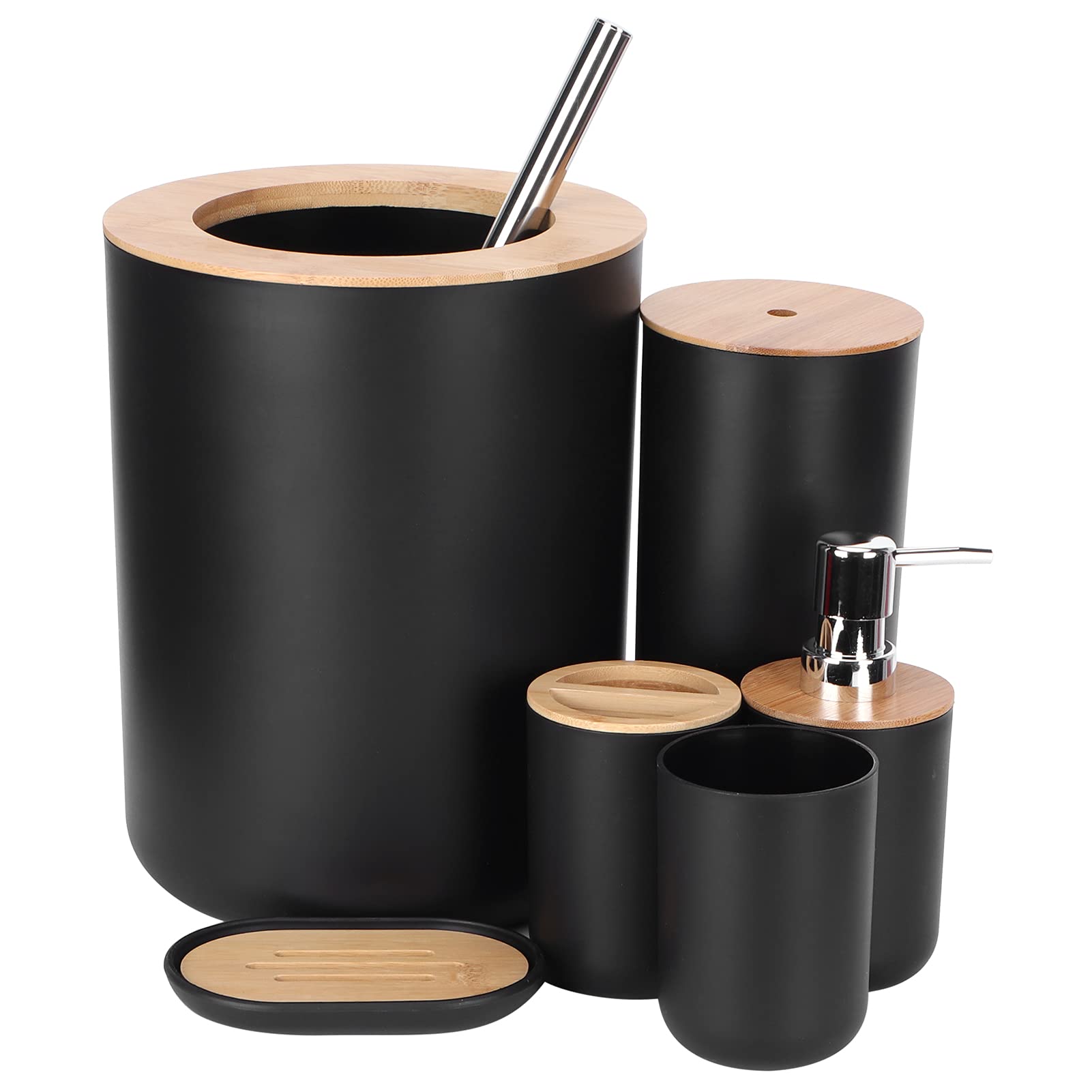 Juego de 6 accesorios de baño con soporte para cepillo de dientes, dispensador de jabón, cubo de basura y cepillo, elegante y funcional esencial para la organización del baño