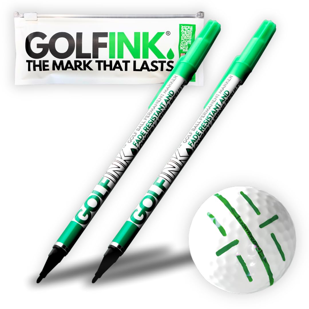 2-Pack GOLFINK Golf Ball Marker Pen - Fade-Resistant Permanent Ink, Valve-Controlled Nib, Durable Aluminum Body (Black) (Green + Green)