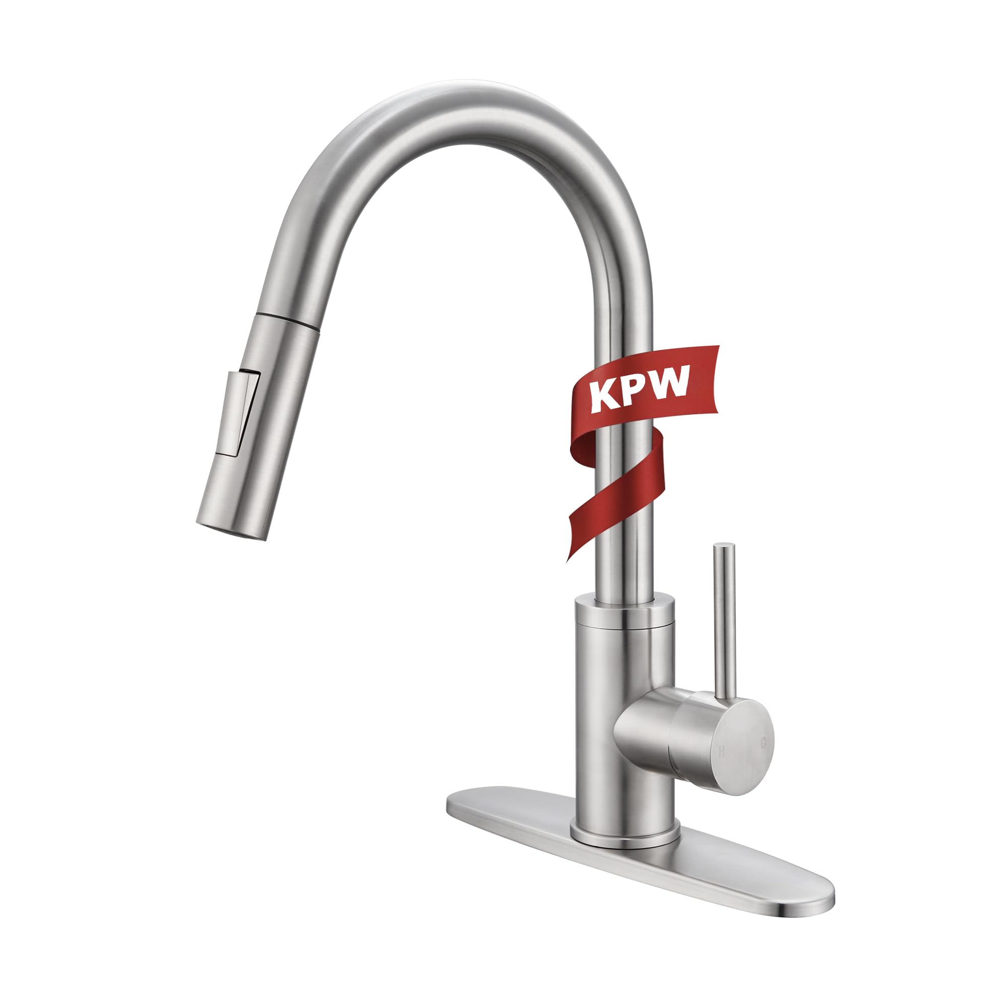 KPW Kitchen Faucet with Pull-Down Sprayer, Brushed Nickel, High-Arc Single Handle, Stainless Steel, Fits 1 or 3 Hole Sink