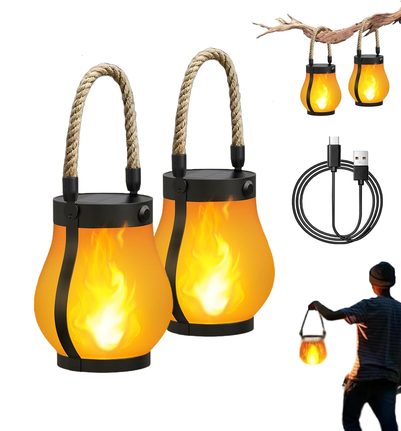 Farol solar para exteriores, impermeable, llama bailando, luces solares para exteriores, cuerda de cáñamo Kaligo, linternas colgantes de llama para decoración de jardín y patio (2 piezas)
