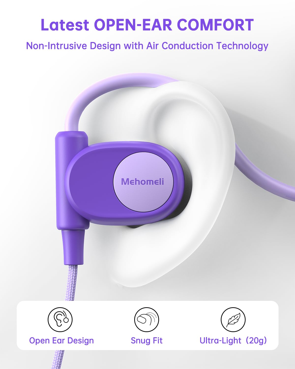 Mehomeli Cuffie per bambini per scuola, cuffie a conduzione d'aria, jack da 3,5 mm, cavo cablato, ultra confortevoli, design ergonomico e leggero, perfette per scuola e attività all'aperto, viola