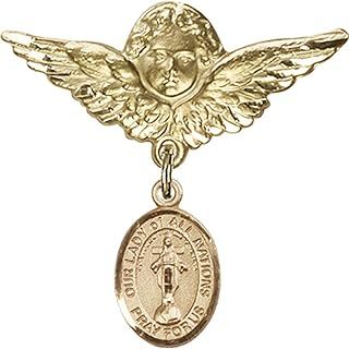 14kt Yellow Gold Baby Badge with Our Lady of All Nations Charm and Angel w/Wings Badge Pin 1 1/8 X 1 1/8 inches