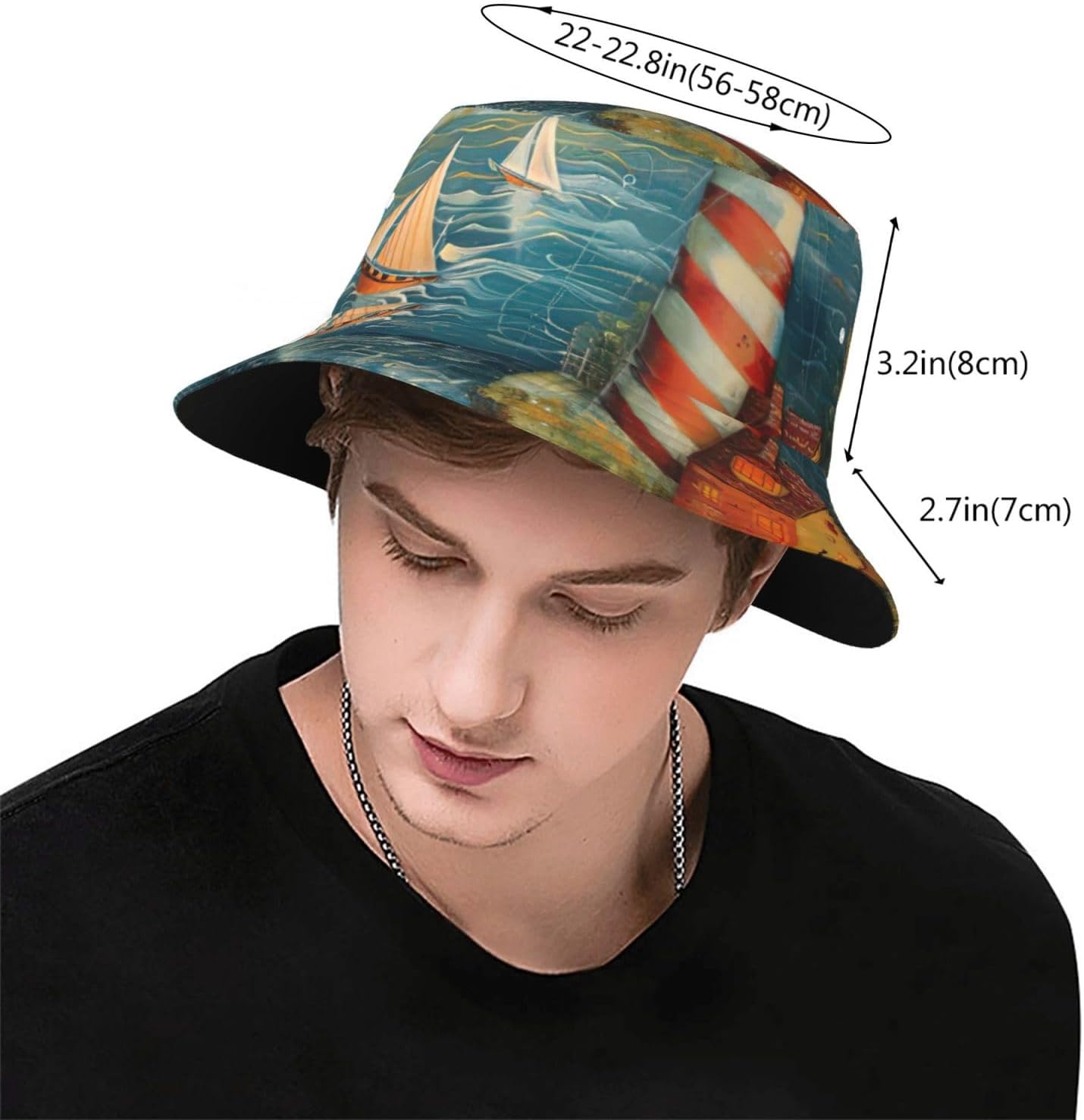 The Seaside Lighthouse Print Sun Hat Outdoor Fisherman Cap Summer Bucket Hat Beach for Men Women Black