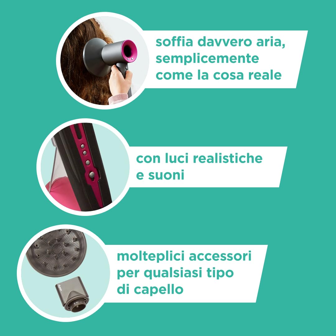 Casdon Dyson Toys - Set per Lo Styling Supersonic e Corrale Deluxe, Piastra per Capelli e asciugacapelli con Funzione Reale, con luci e Suoni interattivi, per Bambini dai 3 Anni in su